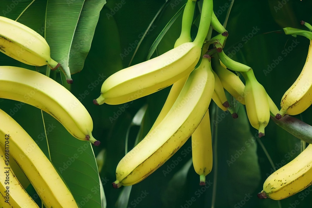 Ripe yellowing bananas hang in clusters on banana plantations