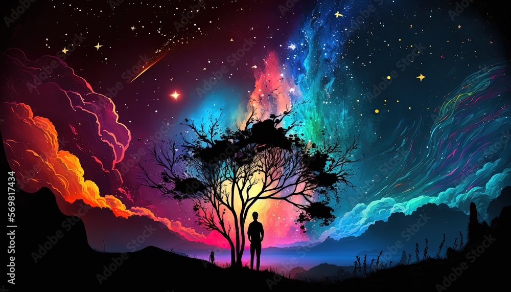 dreamlike gradient sky at night time, a man stargazer watch at ...