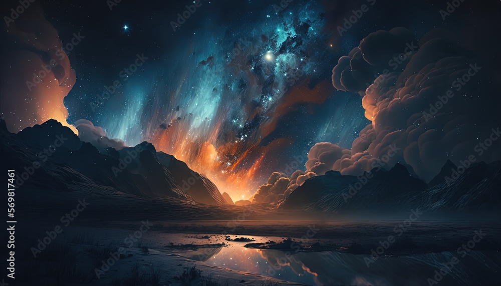 Fototapeta premium dreamlike gradient sky at night time with nature landscape, idea for background wallpaper, Generative Ai