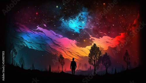 dreamlike gradient sky at night time, a man stargazer watch at starfield, idea for background wallpaper, Generative Ai 