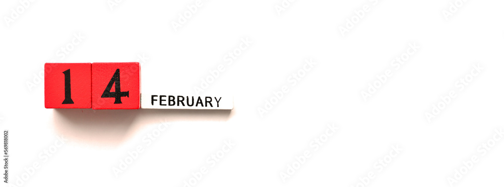 Banner. The inscription February 14 made of wooden cubes is isolated on a white background