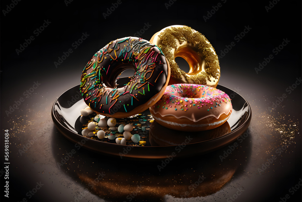 Naklejka premium Doughnuts on black background created with generative AI technology