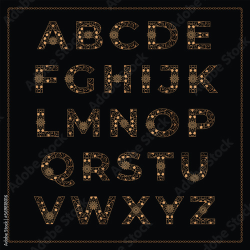 Luxury mandala naming set, alphabet for kids collection with black background, ethnic font. Ornamental alphabet, gold-colored alphabet with flower-themed mandala design template