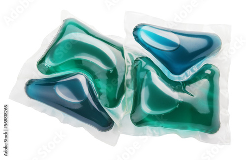 Two washing gel capsule pods with laundry detergent isolated on transparent background