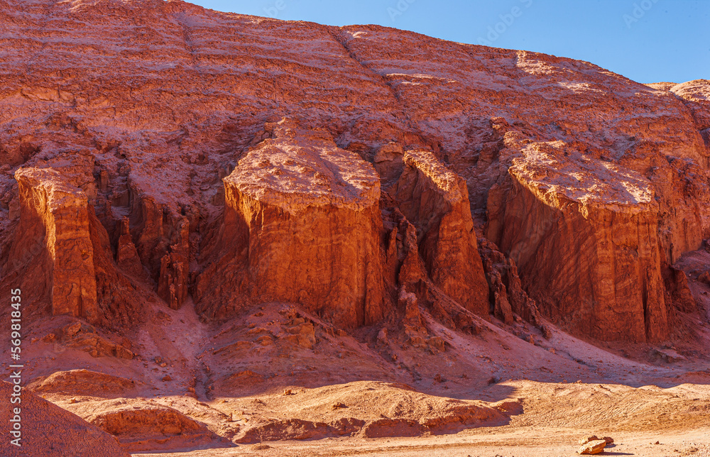 Strongly eroded badlands in the moon valley (Valle de la Luna) in the vicinity of San Pedro de Atacama, Chile