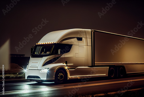 Truck driving on highway at night, car headlight light trail speed motion blur,futuristic logistic transportation background, AI generated © WAN_ASSET
