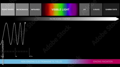 Graphic Animation Light Diagram with Invisible Visible Light Spectrum. Infrared, Ultraviolet, Microwaves, X-rays, Gamma
