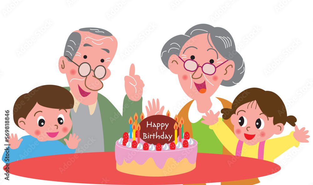 誕生日を祝う老夫婦と子供たち
