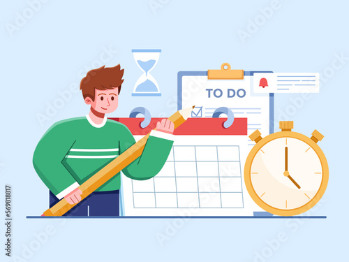 A man organizes his work schedule, ensuring tasks are properly planned. 
People Managing Work Tasks.
Managing Time to Boost Productivity and Reach Goals.
Can be used for web, presentation, infographic
