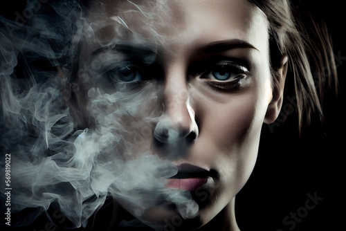 Woman smoking, close up on smoke and mouth