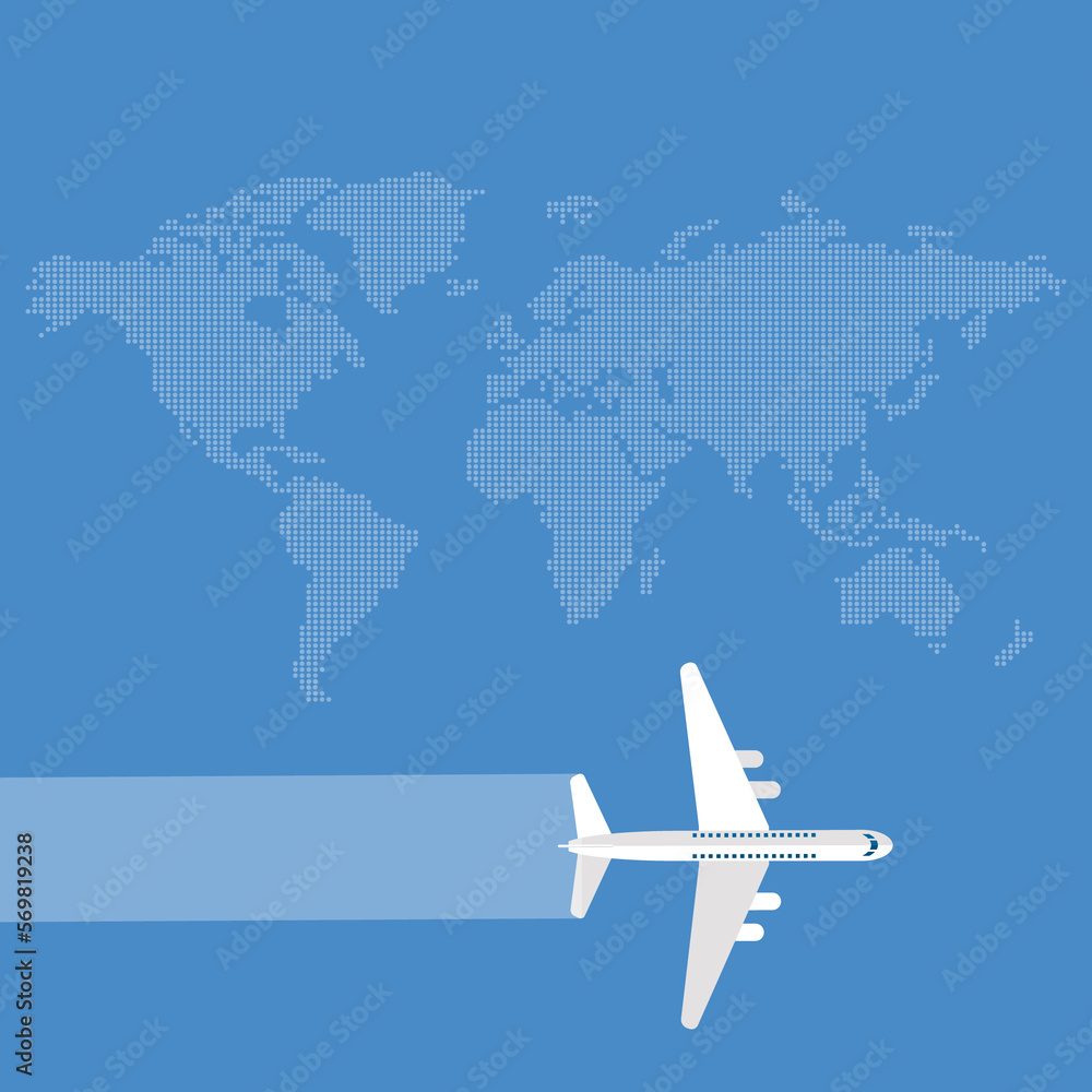 Passenger airplane flight with a world map background. Passenger airplane flight with a world map background.