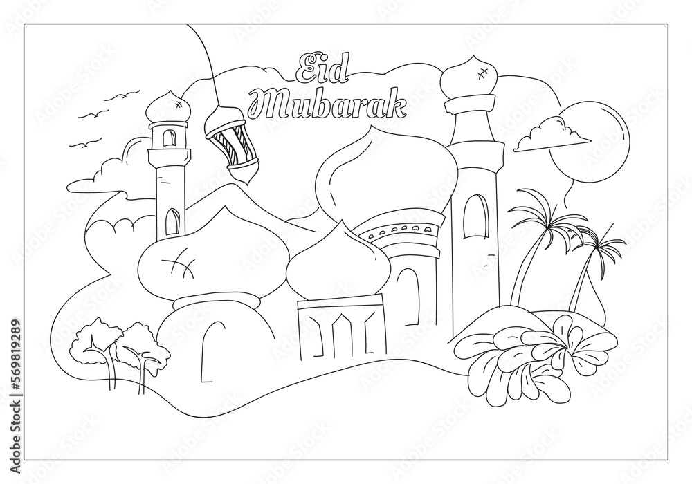 Outline Eid Mubarak Mosque with Lantern and Sky Illustration