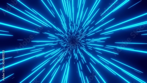 Hyper-speed neon light. Retro blue neon hyper warp. Sci-fi speed of light in galaxy. Time travel hyper jump. 3d illustration.