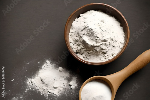 AI generated image of a pile of white flour in a wooden bowl with a spatula
