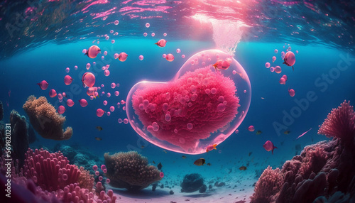 floating pink love shape bubble under sea with blue bright light background