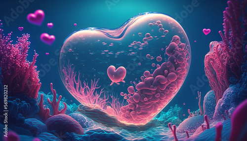 floating pink love shape bubble under sea with blue bright light background