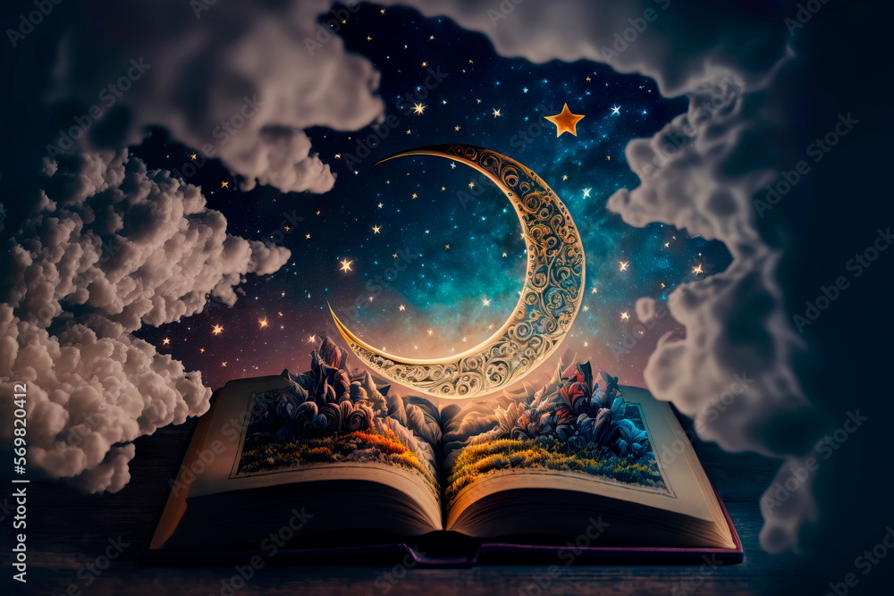 Obraz premium Fairy tale book against the background of the night sky with the moon Generative AI