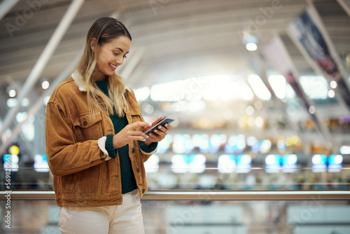 Tela Phone, travel and woman with passport at airport lobby for