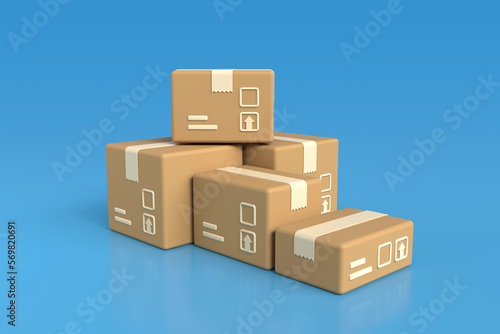 A stack of stacked cardboard boxes in cartoon style for web design. The concept of cargo transportation and delivery service on a blue background. 3D rendering.