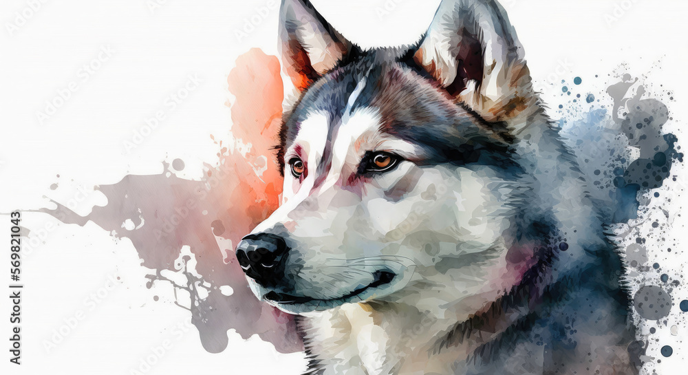 Naklejka premium Husky Watercolor Painting - Generative AI