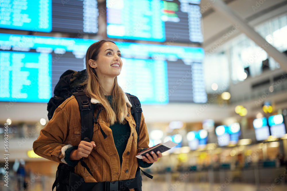Travel, airport and excited woman with passport. travel ticket and documents for immigration, journey and flight schedule. Backpack person with identity document search for international registration - obrazy, fototapety, plakaty 