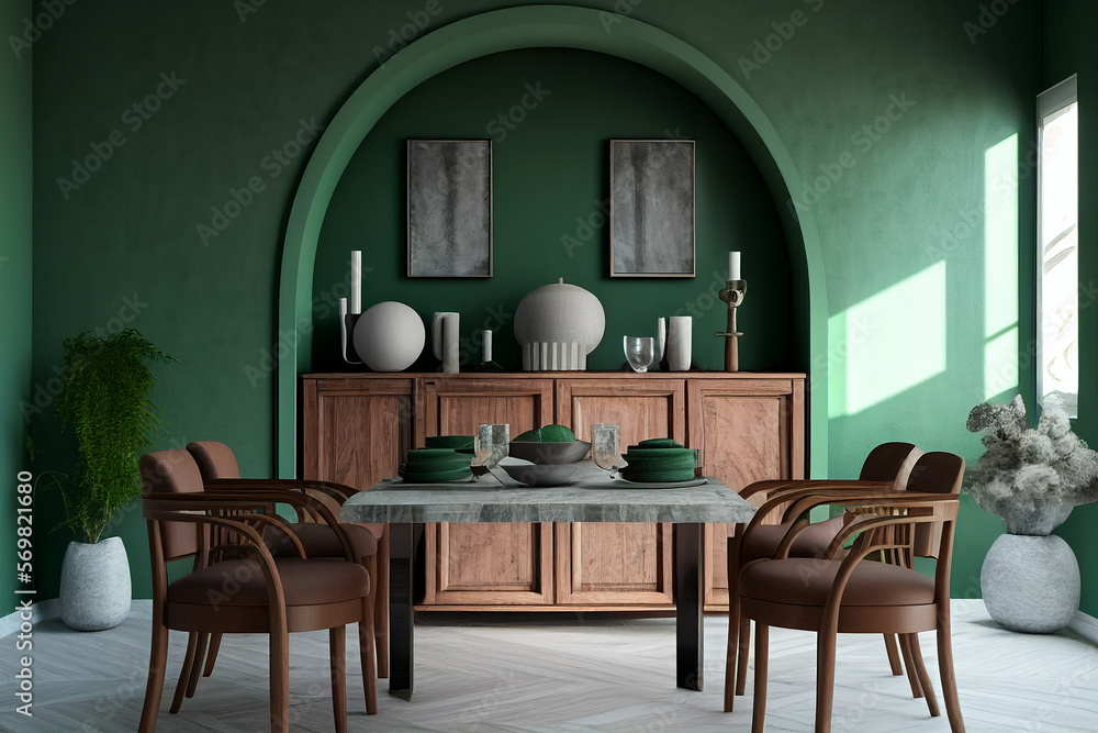 Interior design of modern dining room, marble table and wooden chairs ...