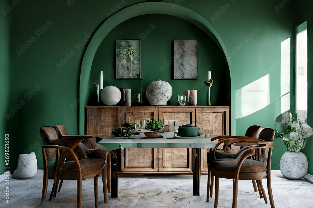 Interior design of modern dining room, marble table and wooden chairs ...