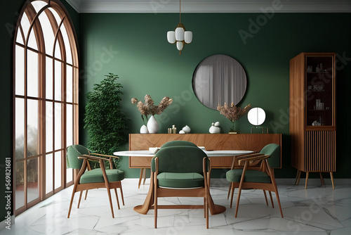 Interior design of modern dining room  marble table and wooden chairs. Wooden sideboard over green wall. Home interior with arch window. 3d rendering