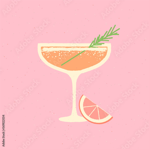 Martini dessert glass. Cocktail drink glass with rosemary and grapefruit. Bellini drink for event and bar. Flat vector illustration with texture. Minimalist retro drink poster