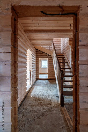 Wooden stairs in a wooden house. Architecture and design.