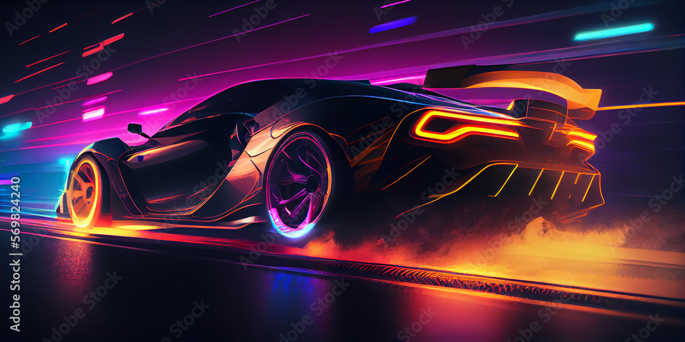 Futuristic Super Car On Neon Highway. Powerful acceleration of a supercar on a night track with colorful neon lights and trails. Generative AI.