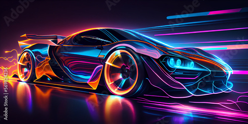 Futuristic Super Car On Neon Highway. Powerful acceleration of a supercar on a night track with colorful neon lights and trails. Generative AI.