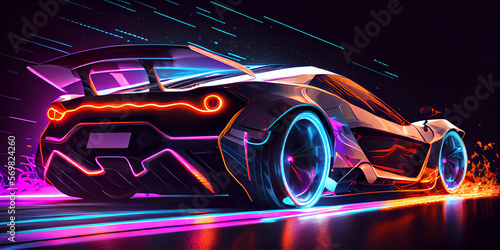 Futuristic Super Car On Neon Highway. Powerful acceleration of a supercar on a night track with colorful neon lights and trails. Generative AI.
