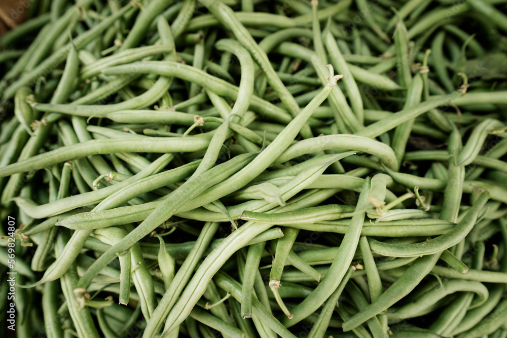 Heap of green beans for sale at market, Puglia, Italy Heap of green beans for sale at market, Puglia, Italy