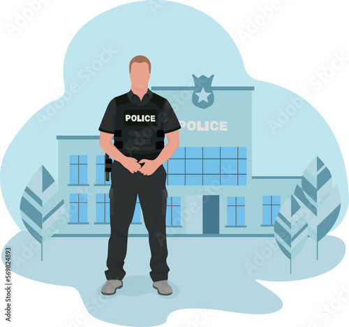 policeman concept near police station on blue background  vector illustration