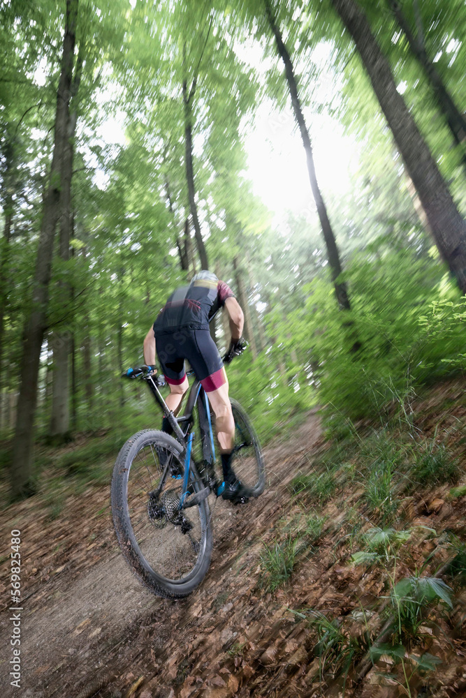 Mountain biker riding uphill on forest path, Bavaria, Germany Mountain biker riding uphill on forest path, Bavaria, Germany