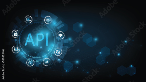 Application Programming Interface (API) on blue background. Software development tool, information technology, modern technology, internet. 
