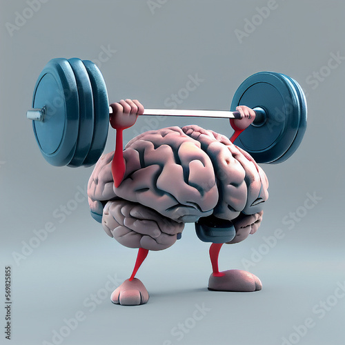 Human brain lifts weight with dumbbell, memory and mind training, brain power and mindset, generative AI photo