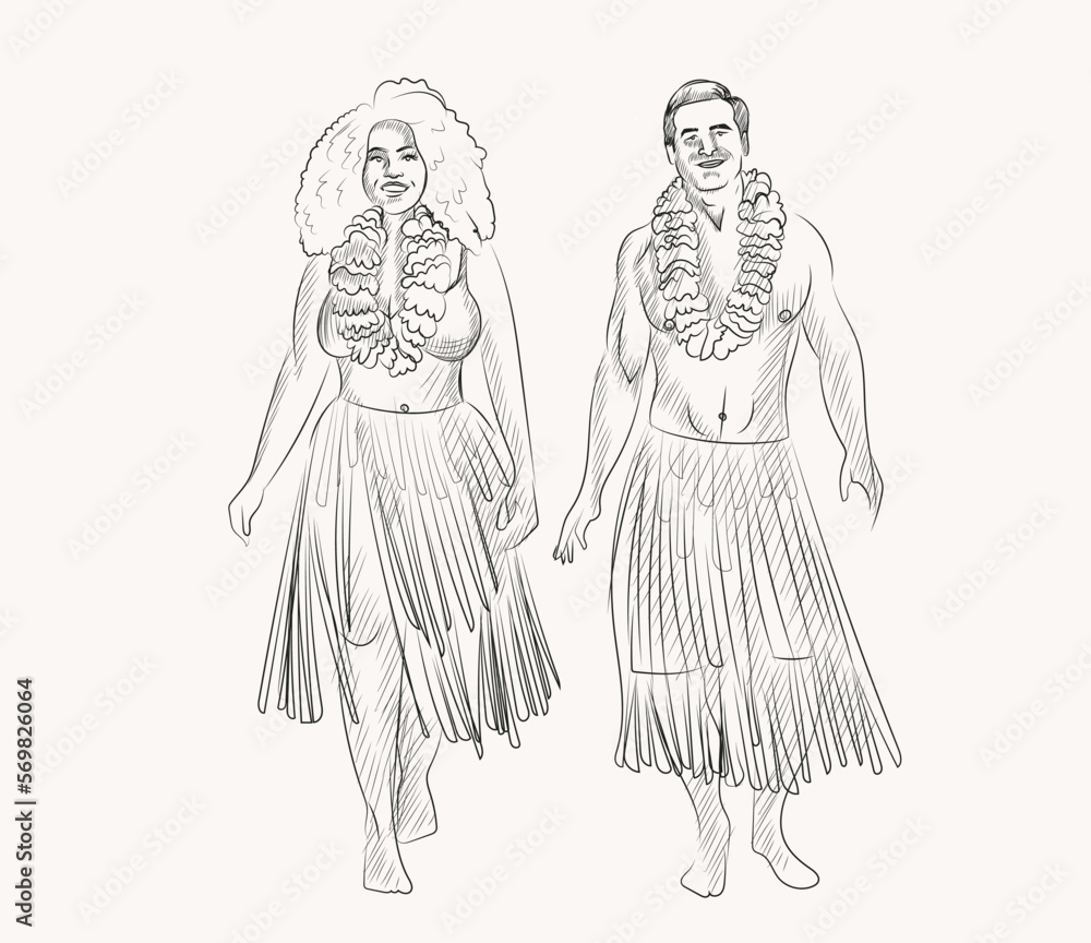 Hand-drawn sketch of Hula Skirt couple 