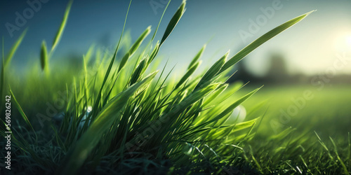 Green grass close up. Spring field and sunshine, blue sky. Generative AI