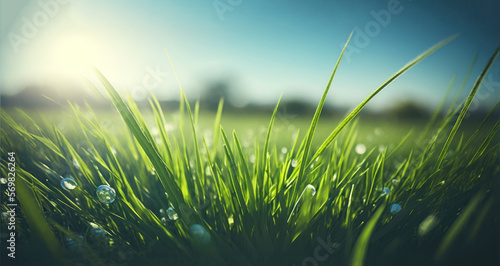 Green grass and dew close up. Spring field and sunshine, blue sky. Generative AI