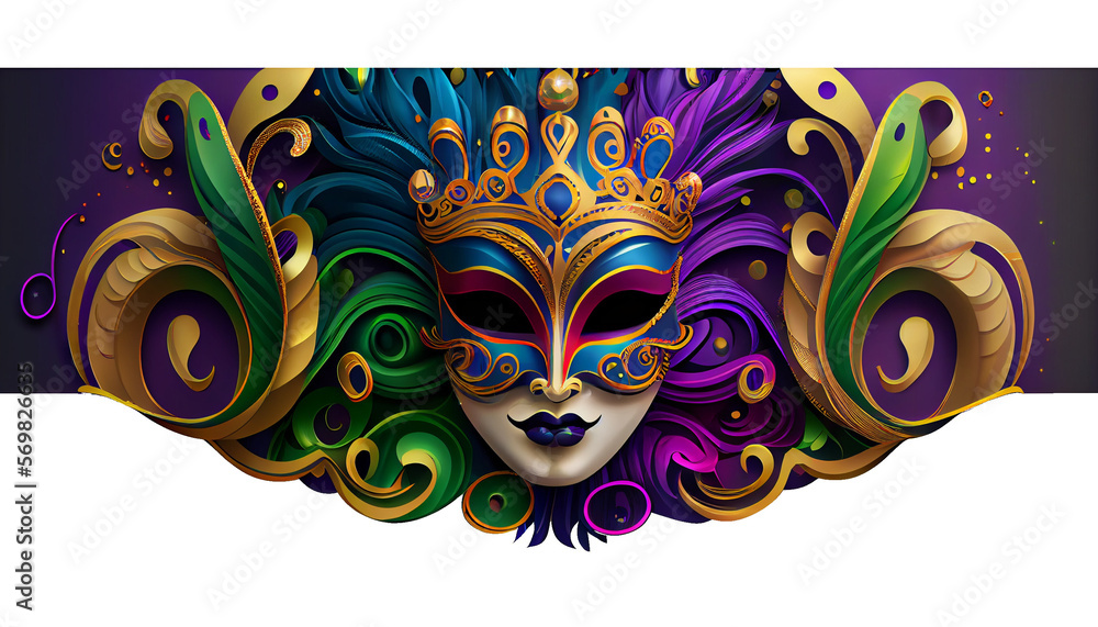 Colorful festive Grouping of mardi gras, venetian or carnivale mask, feathers, beads, ribbons and confetti. Party design for banner, poster, template, flyer and invitation. Generative AI - obrazy, fototapety, plakaty 