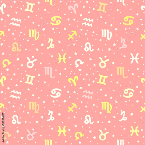 Background with signs of the zodiac. Astrology seamless pattern with zodiac signs