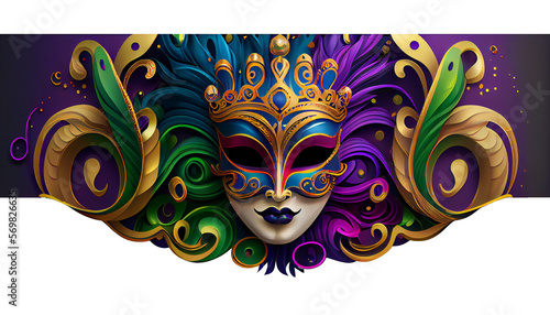Colorful festive Grouping of mardi gras, venetian or carnivale mask, feathers, beads, ribbons and confetti. Party design for banner, poster, template, flyer and invitation. Generative AI