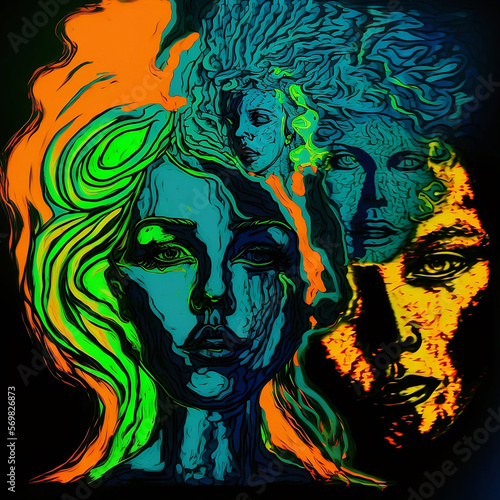 Human face as concept of a identity disorder, Abstract concept of Schizophrenia, third eyes, state of mind, ai generative