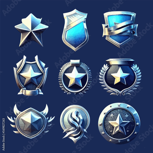 Cartoon set of silver game badges. A beautiful template for game. Flat cartoon illustration isolated on background. Vector