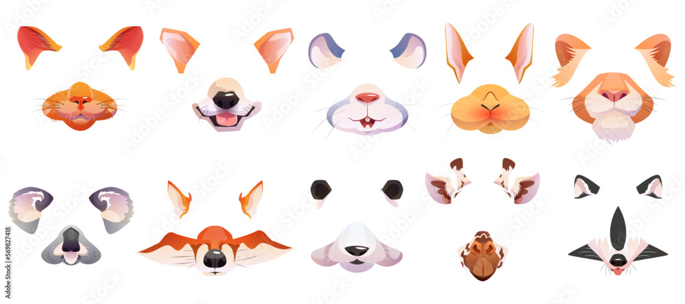 Cartoon set of face filter with cute animal masks for selfie photo or video chat. Ears and nose of cat, dog, fox, raccoon, rabbit, lion, koala, mouse and giraffe for mobile phone app or social content