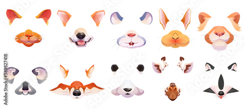 Cartoon set of face filter with cute animal masks for selfie photo or video chat. Ears and nose of cat, dog, fox, raccoon, rabbit, lion, koala, mouse and giraffe for mobile phone app or social content