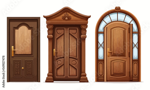 Cartoon set of open, closed classic wooden door. A beautiful template for game. Flat cartoon illustration isolated on background. Vector
