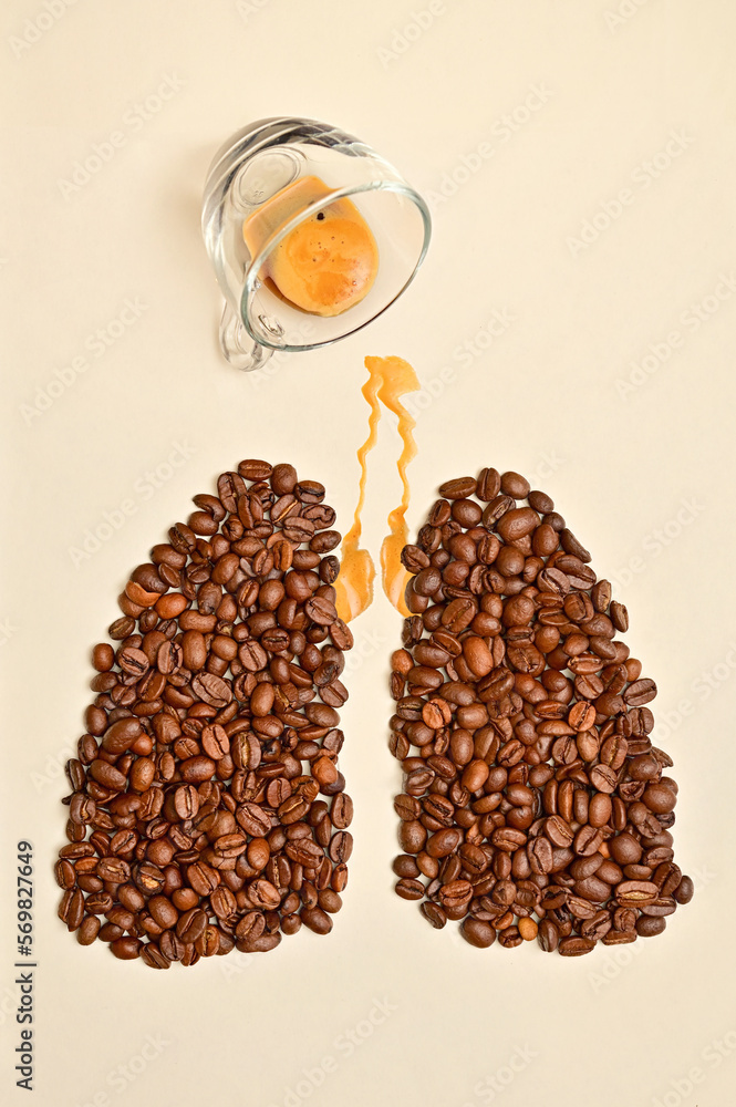 Dropped Espresso Cup. Coffee Spilled and Human Lungs from Beans
